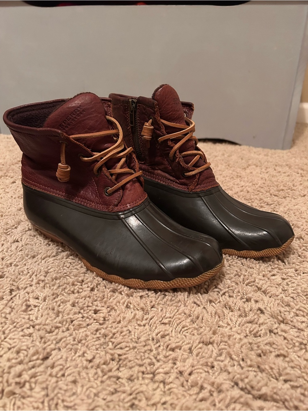 Sperry Brown Leather & Black Rubber Duck Boots with Tan Laces